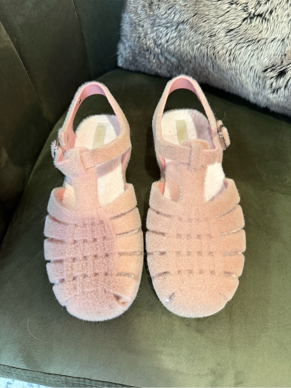 Free people: Melissa fuzzy jelly sandals.